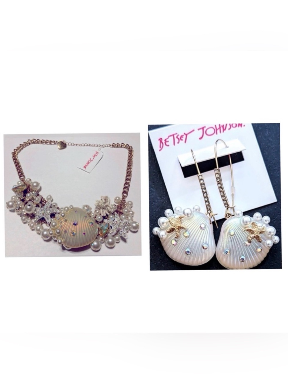 BETSEY JOHNSON SET Iridescent Shell Dangle Earrings & Matching Necklace NEW NWT
